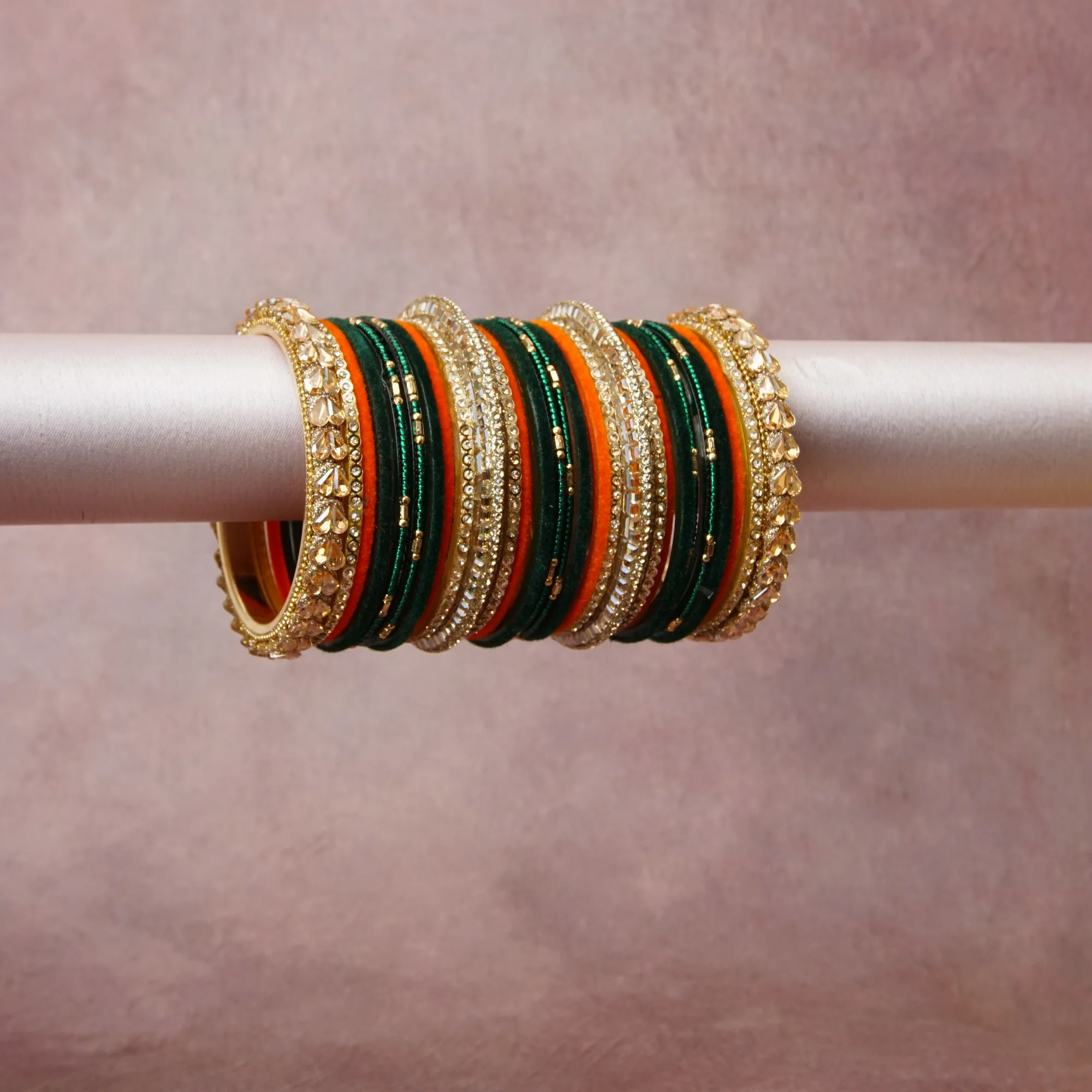 A grounding Forest Green forms the heart of the set, while touches of Clear Crystal, Champagne Gold, Glistening White add charm.

A thoughtful composition of Velvet Fabric, Glass, Gold-toned Metal, Crystal Rhinestones, Small Metallic Beads, designed to feel complete without being heavy.
Each element layers seamlessly, creating a look that is refined, wearable and quietly striking.